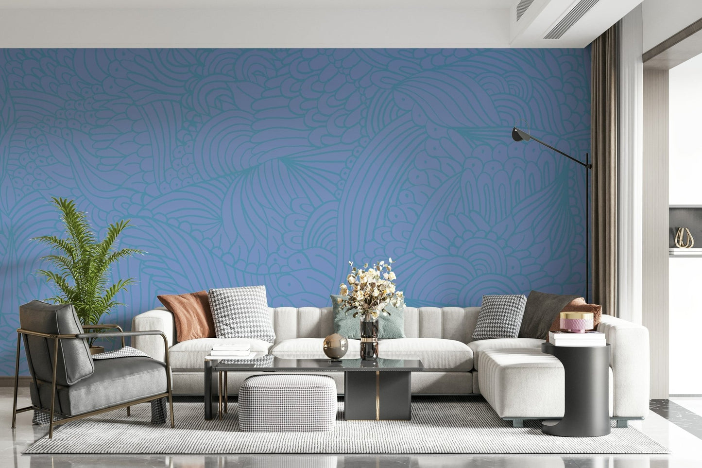 Backdrop Azure Zen Doodle peel and stick wallpaper soft blue hues.