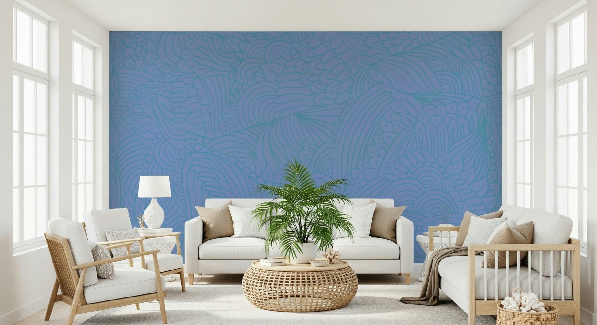 Stylish Azure Zen Doodle wallpaper for walls subtle curvilinear print.
