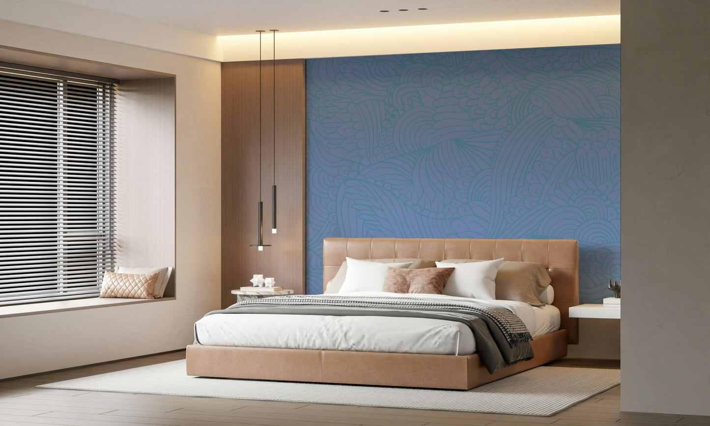 Textured look Azure Zen Doodle peel and stick wallpaper calming waves.