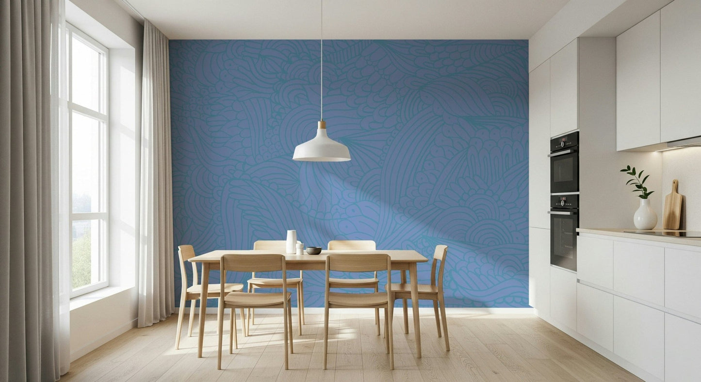 Aesthetic Azure Zen Doodle wall mural hand-drawn illustrative pattern.