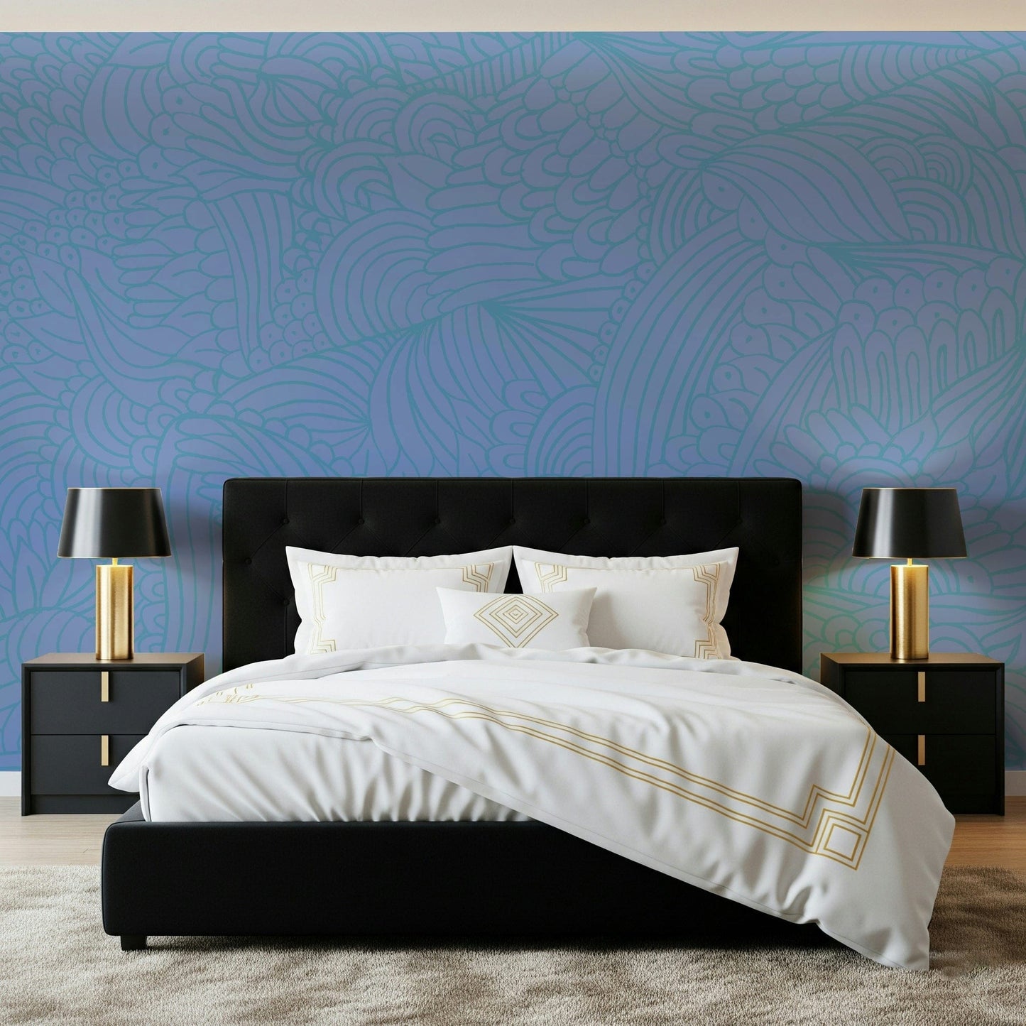 Modern Azure Zen Doodle wall mural peaceful decorative drawing.