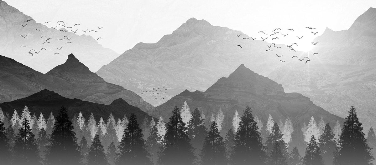 Black and White Mountain Ranges Wallpaper Mural