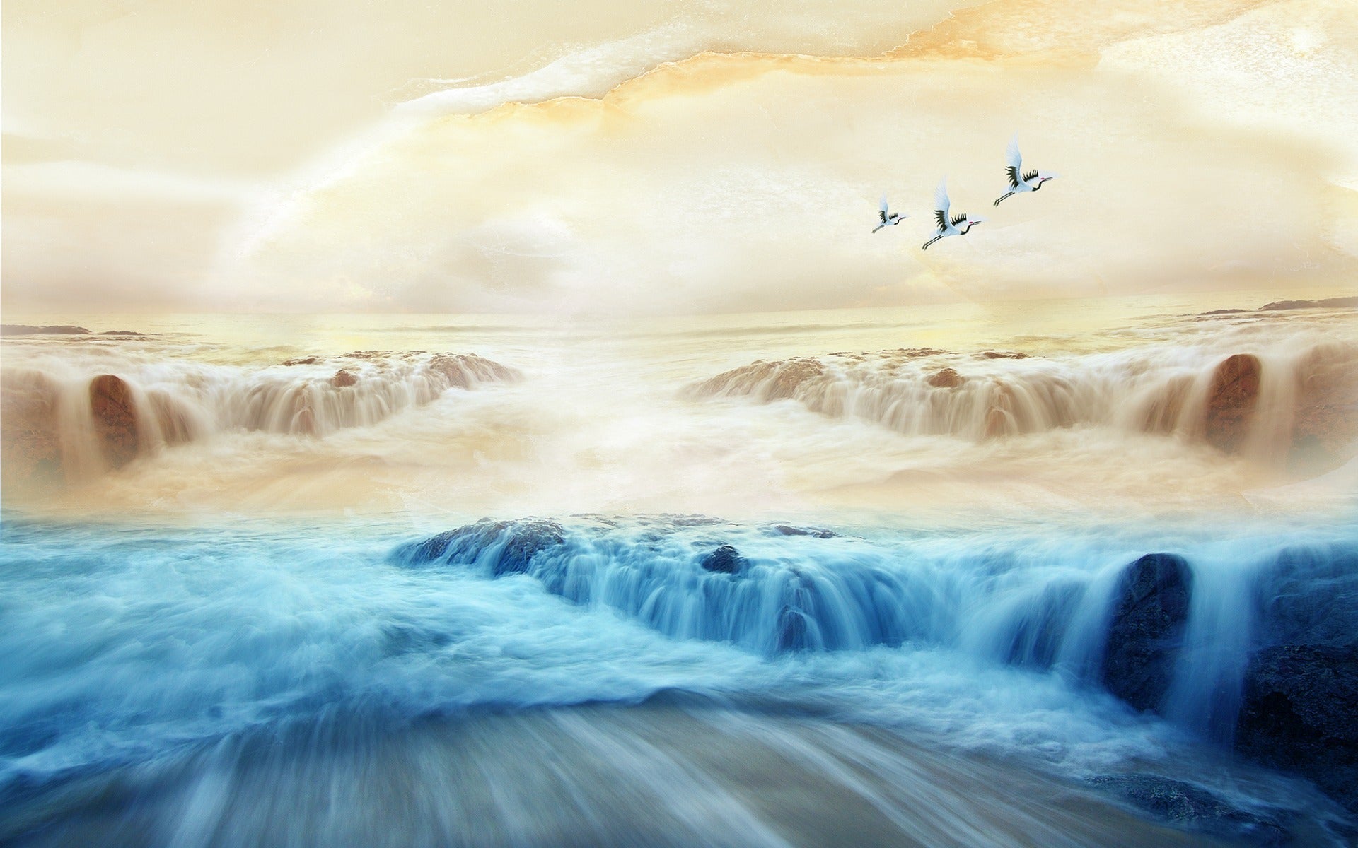 Misty Mountains Flock Cranes Mural