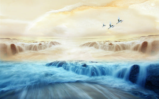 Misty Mountains Flock Cranes Mural
