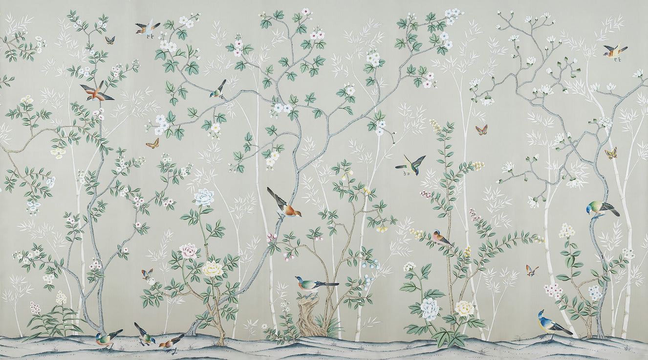 Gray & Green Leaves Chinoiserie Wallpaper