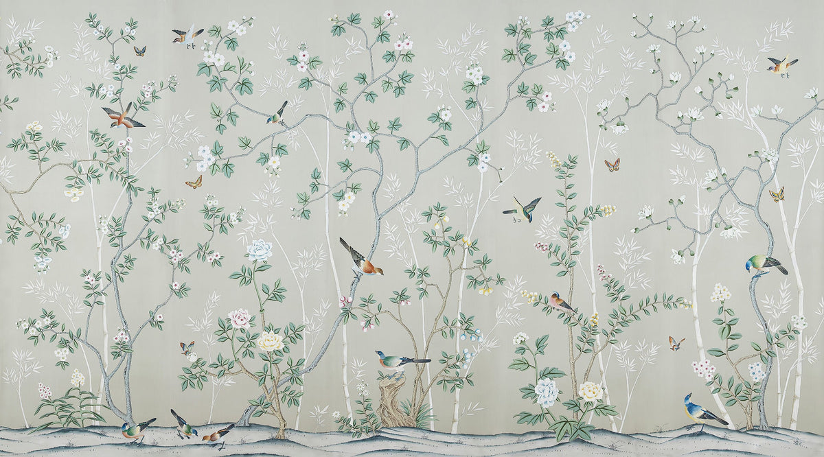 Gray & Green Leaves Chinoiserie Wallpaper