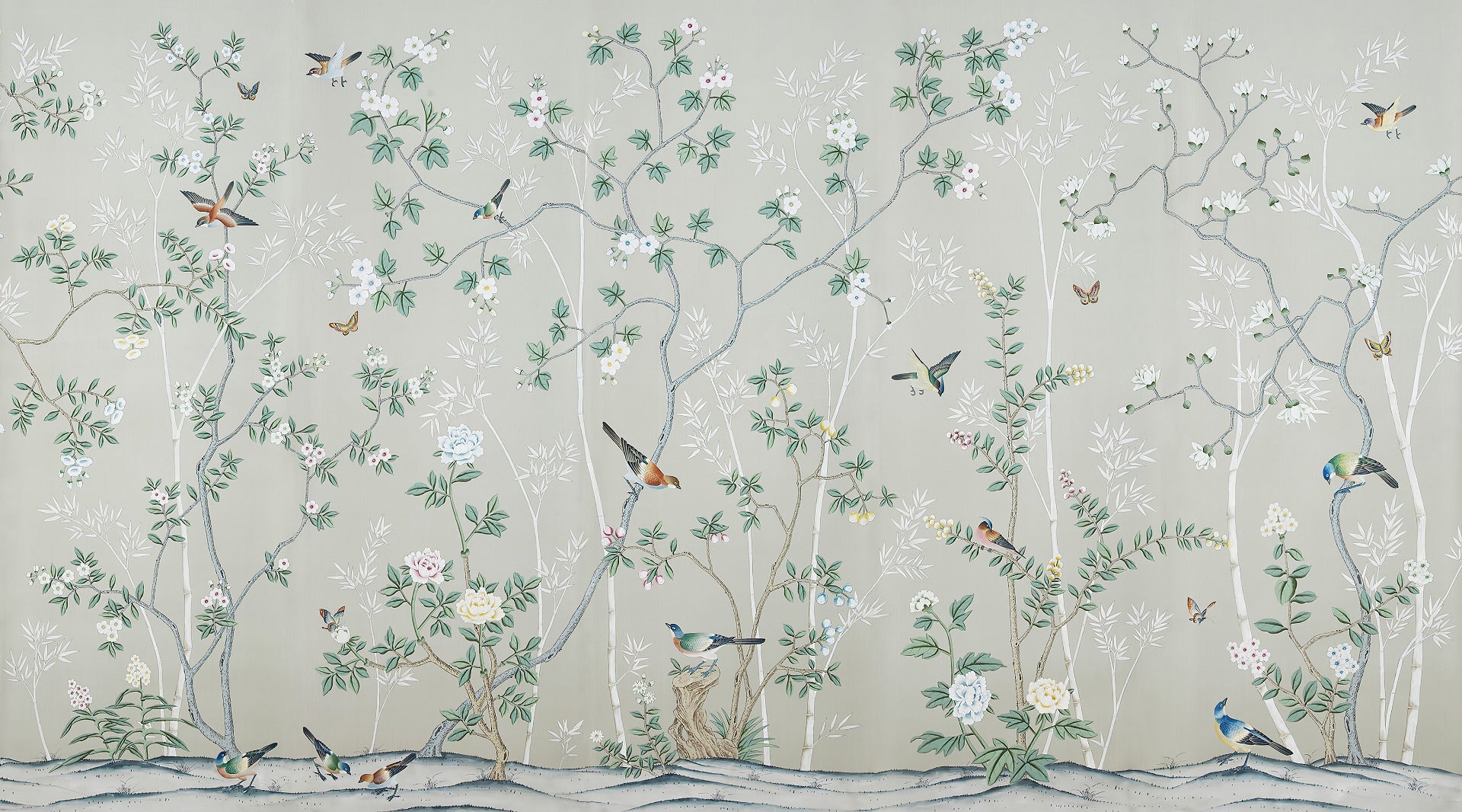 Gray & Green Leaves Chinoiserie Wallpaper in your room — zoomed