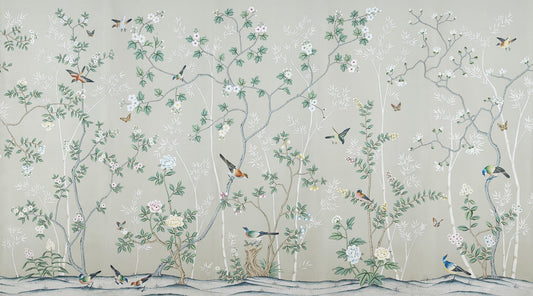 Gray & Green Leaves Chinoiserie Wallpaper