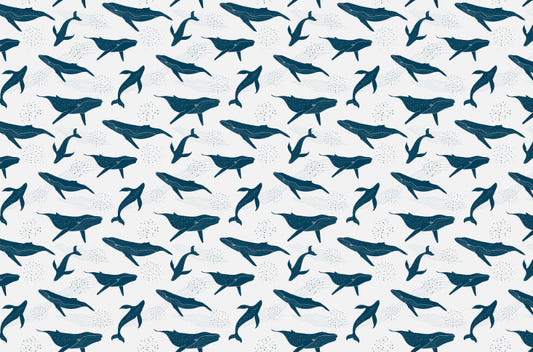 Blue Color Whales Waves Monochrome Wallpaper
