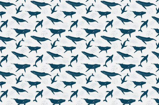 Blue Color Whales Waves Monochrome Wallpaper