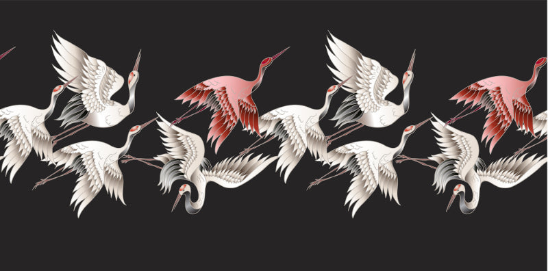 White Crane Japandi Black Mural Wallpaper in your room — zoomed