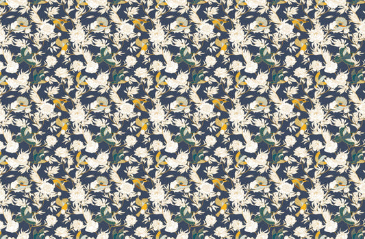Bird Peony Flower Blue Mural Wallpaper