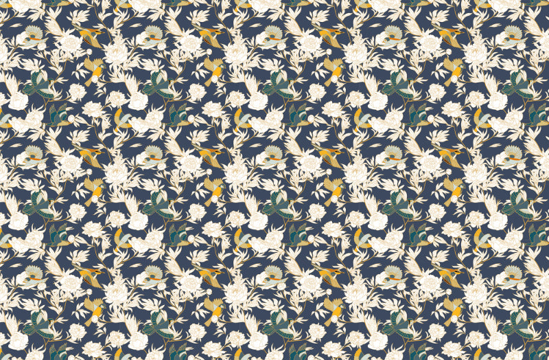 Bird Peony Flower Blue Mural Wallpaper