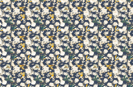 Bird Peony Flower Blue Mural Wallpaper
