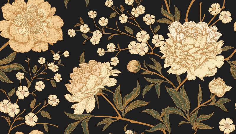 Gold Peony Flowers Black Mural Wallpaper