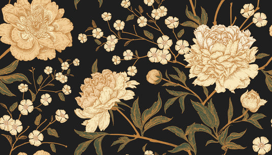 Gold Peony Flowers Black Mural Wallpaper