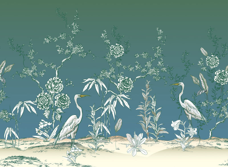 Vintage Garden Crane Birds Wallpaper Mural