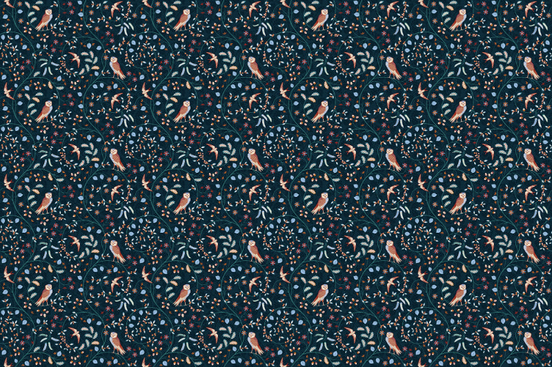 Flower Birds Dark Blue Wallpaper in your room — zoomed
