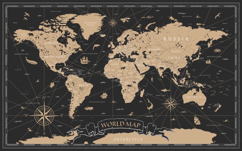 Black Golden Vintage World Map Wall Murals in your room — zoomed