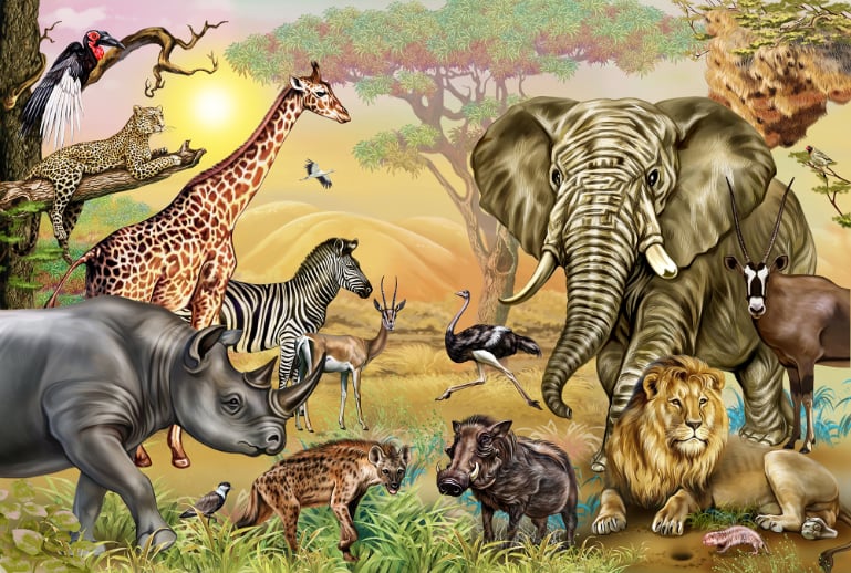 African Savannah Animals Wallpaper Mural in your room — zoomed