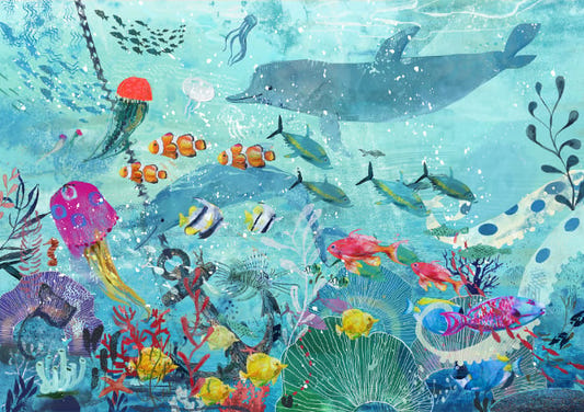 Watercolor Blue Underwater Fish Murals