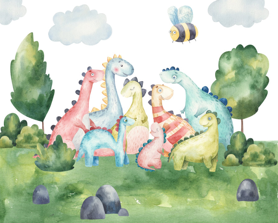Watercolor Kids Playful Dinosaur Wall Murals