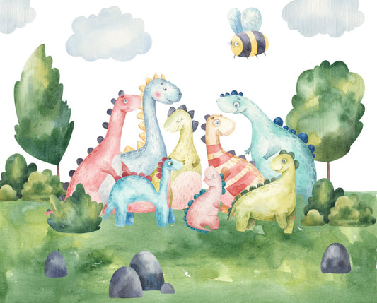 Watercolor Kids Playful Dinosaur Wall Murals