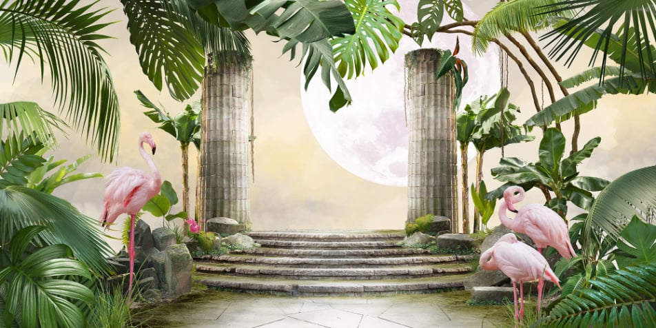 Banana Leaf Moon Flamingo Mural