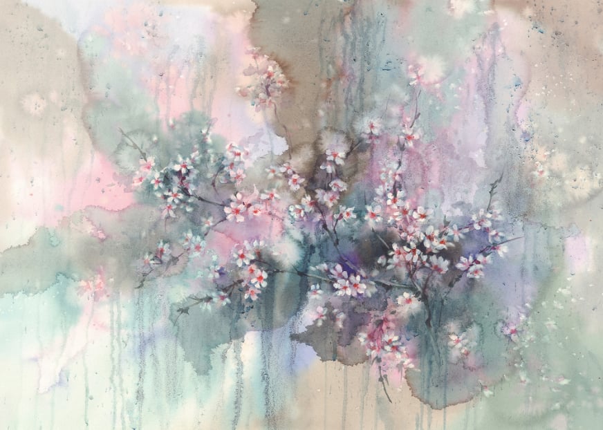 Rain Watercolor Sakura Wallpaper Mural in your room — zoomed