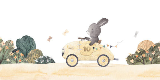 Playful Bunny Car Ride Kids Wall Mural
