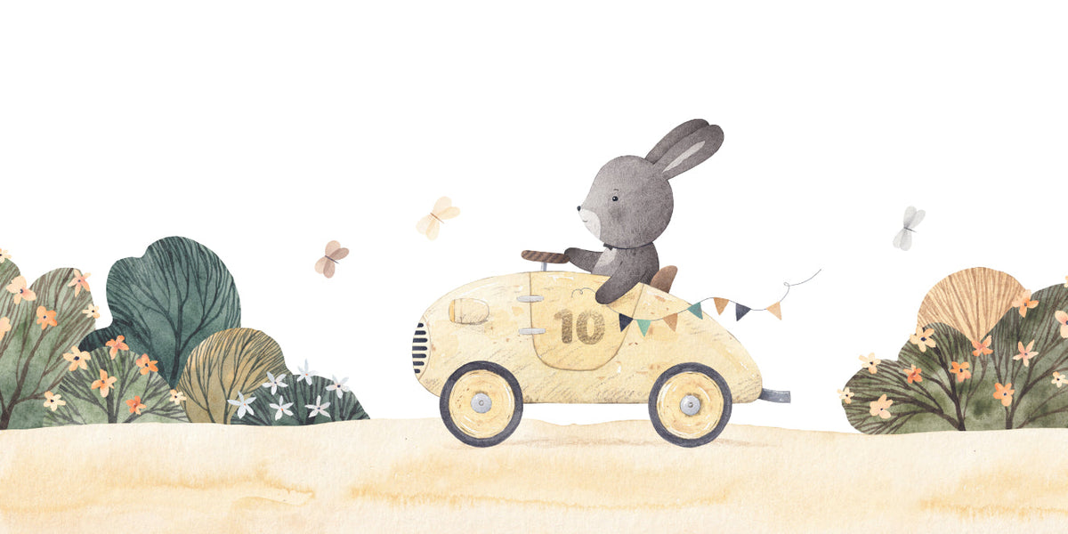 Playful Bunny Car Ride Kids Wall Mural in your room — zoomed