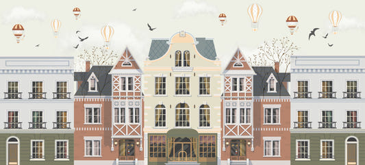 Vintage Townscape Balloons Wall Mural