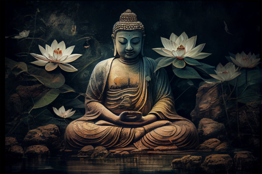 Meditative Buddha and Lotus Flowers Mural