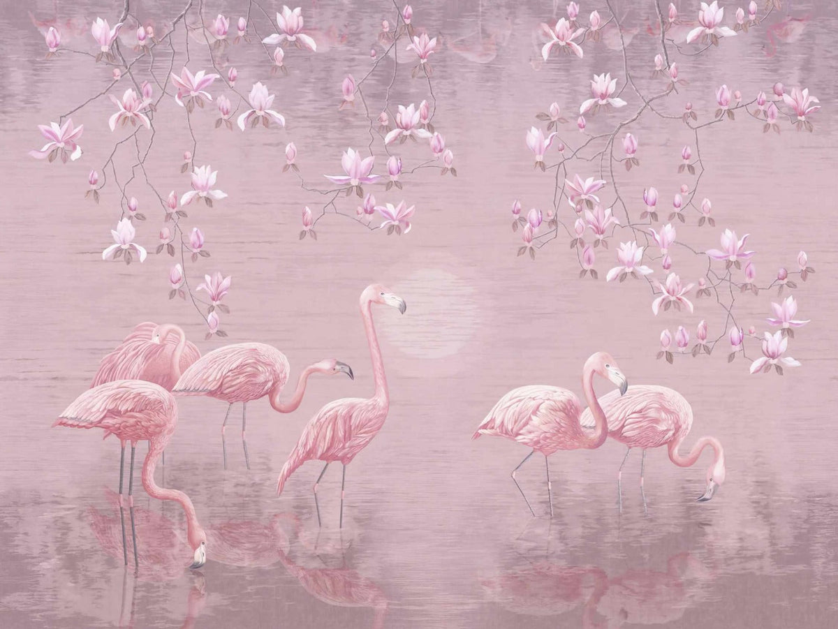 Pink Magnolia Flamingo Haven Mural Wallpaper