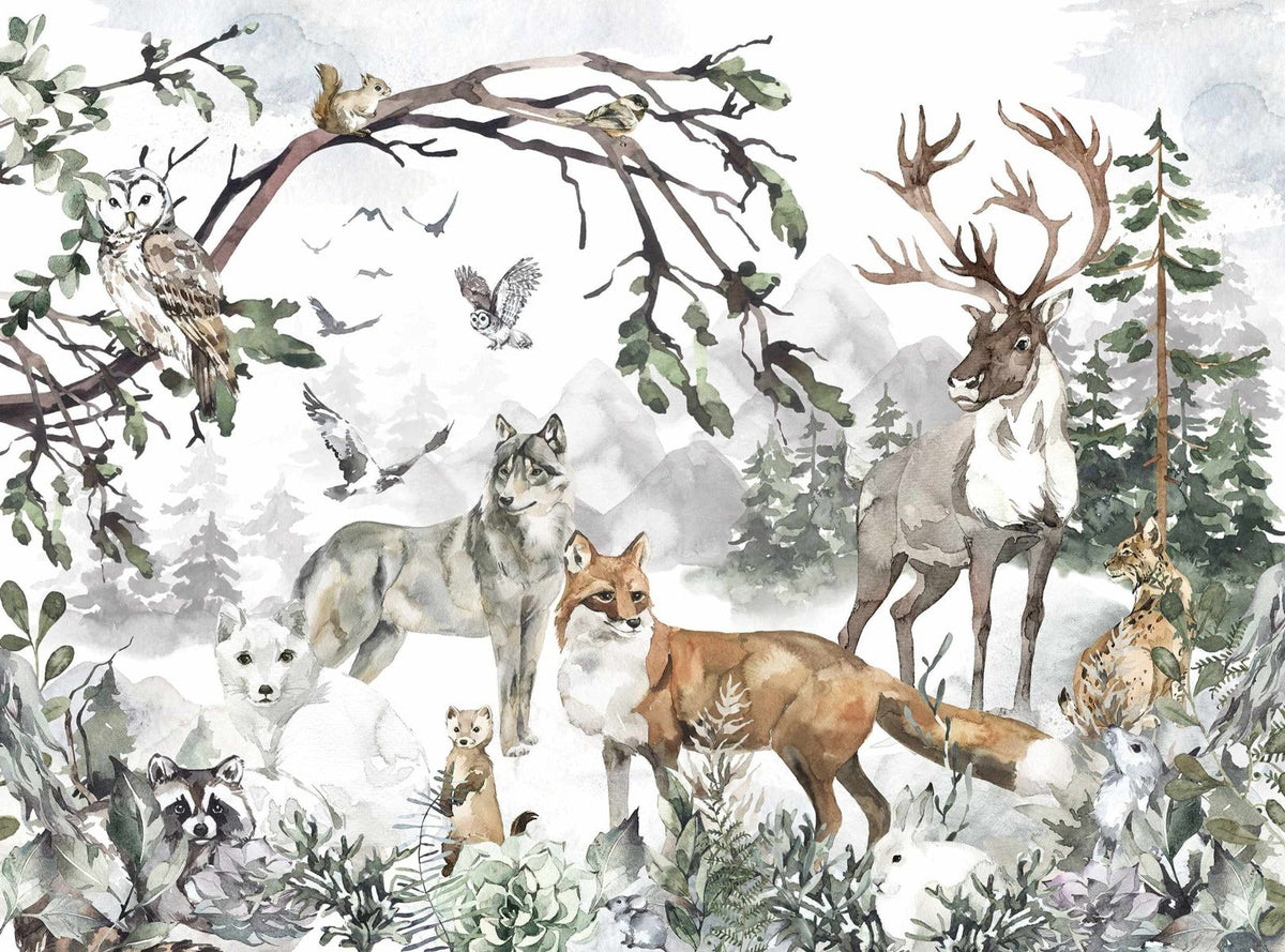 Serene Forest Friends Watercolor Wall Mural in your room — zoomed