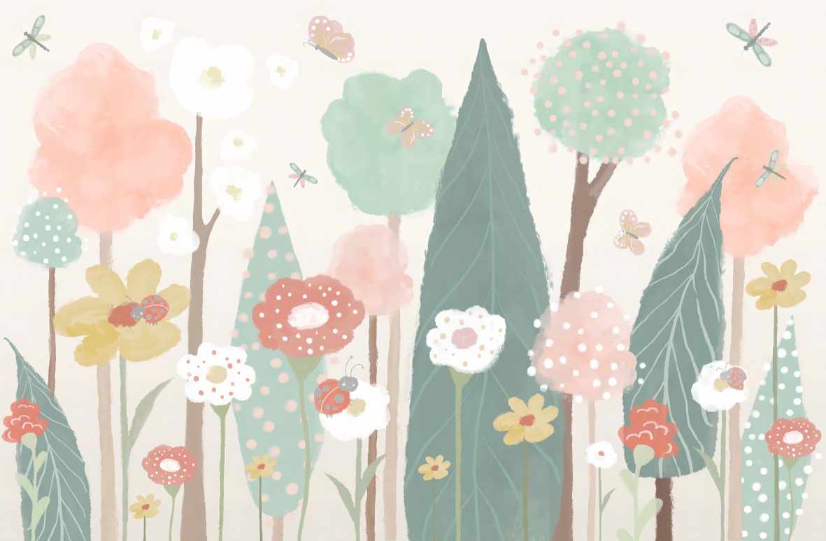 Watercolor Floral Trees Wallpaper Mural