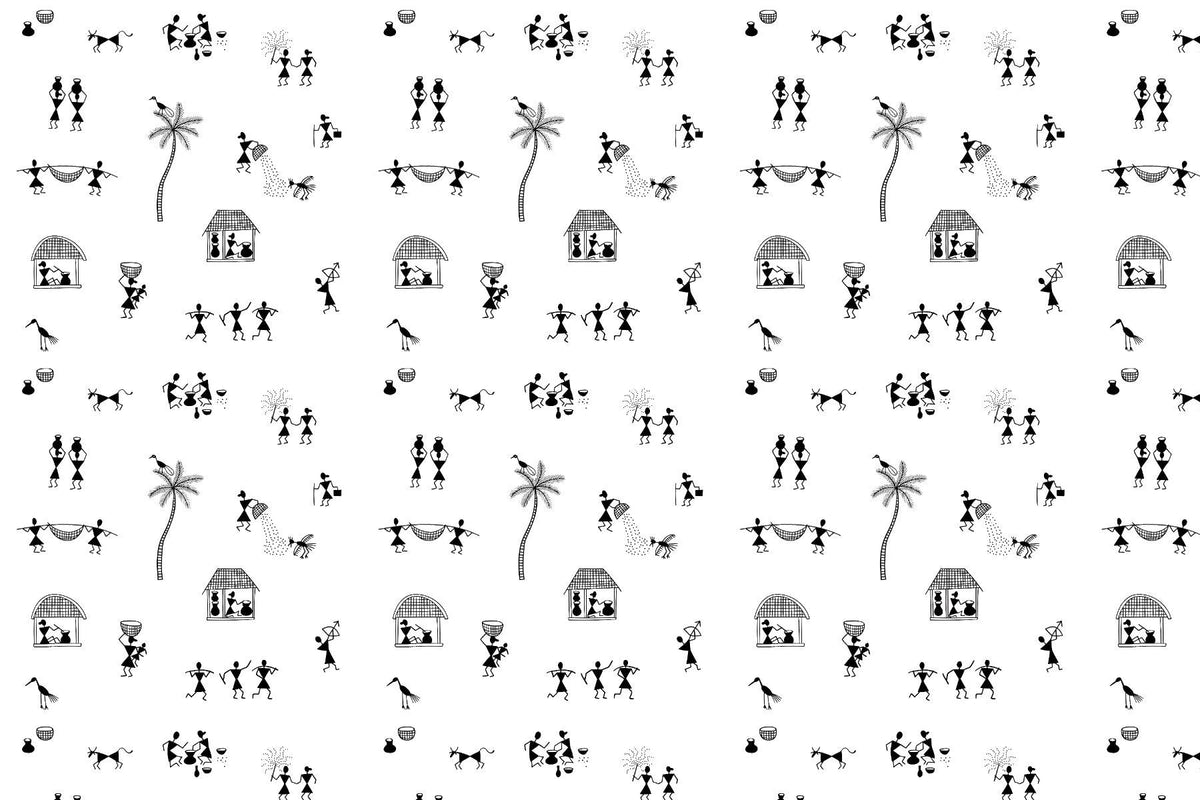 Warli Wonders Collection Mural Wallpaper in your room — zoomed
