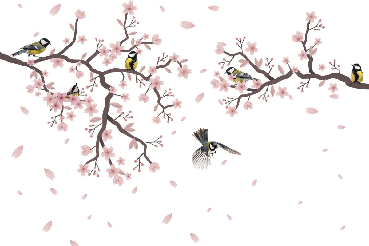 Sunset Titmouse Cherry Blossom Mural in your room — zoomed