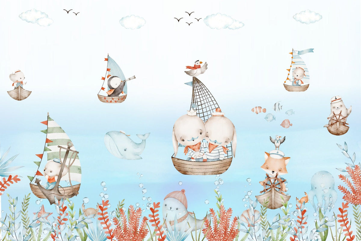 Nautical Nursery Voyage Wall Mural in your room — zoomed
