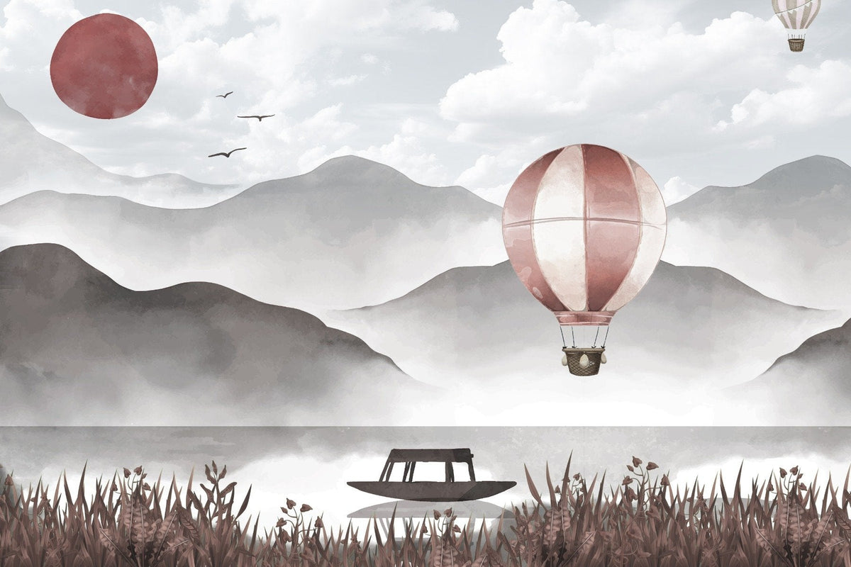 Misty Peaks Hot Air Balloon Mural in your room — zoomed