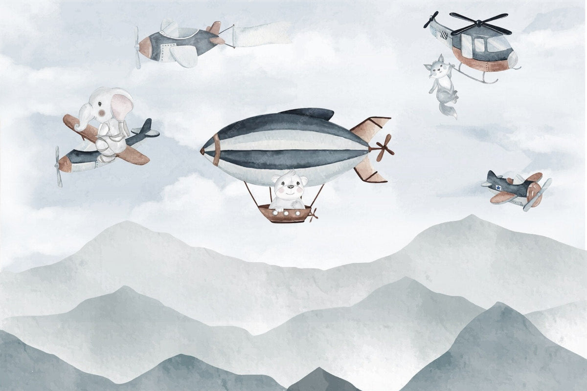 Whimsical Airborne Adventure Mural in your room — zoomed