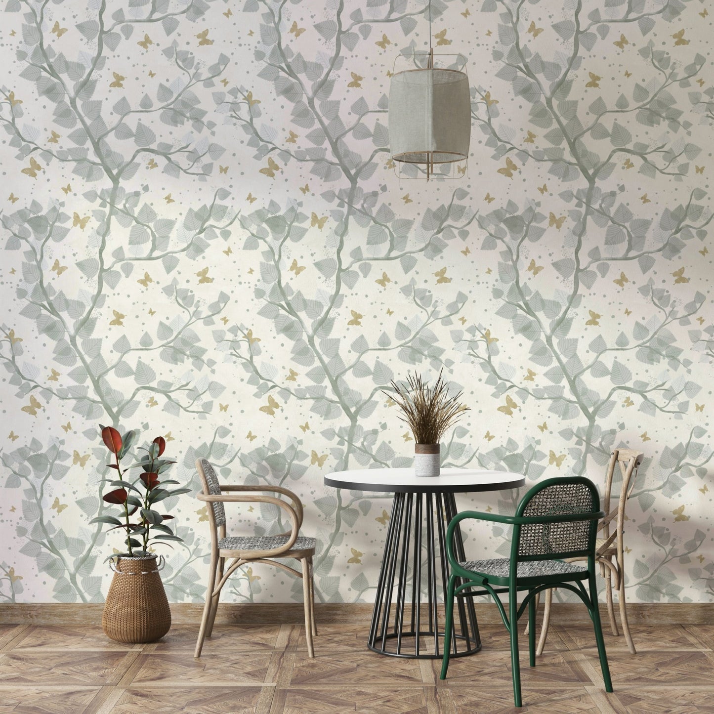 Baby Blue and Gold Butterflies Tree Wallpaper⁠