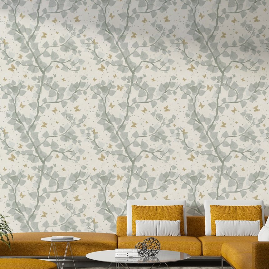 Baby Blue Gold Butterflies Tree Wallpaper soft elegant design GD3999