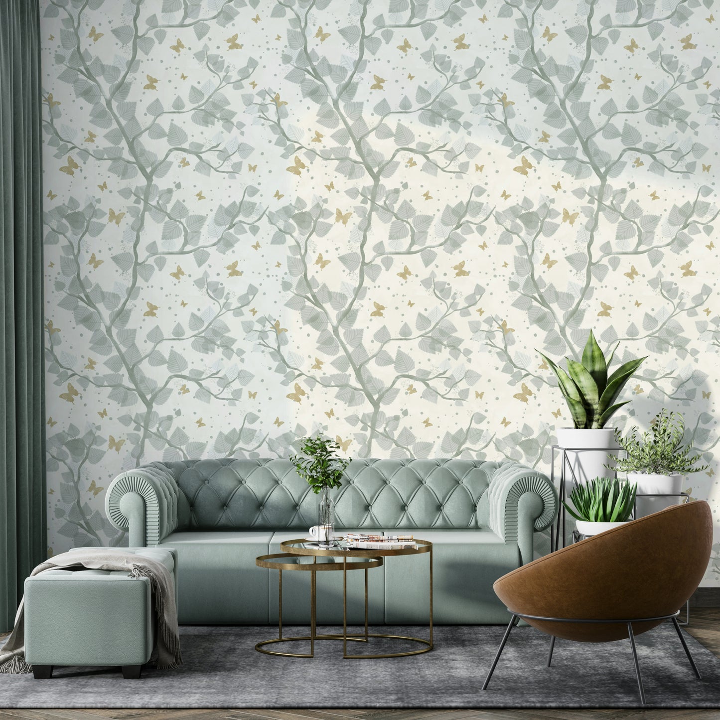 Baby Blue and Gold Butterflies Tree Wallpaper⁠