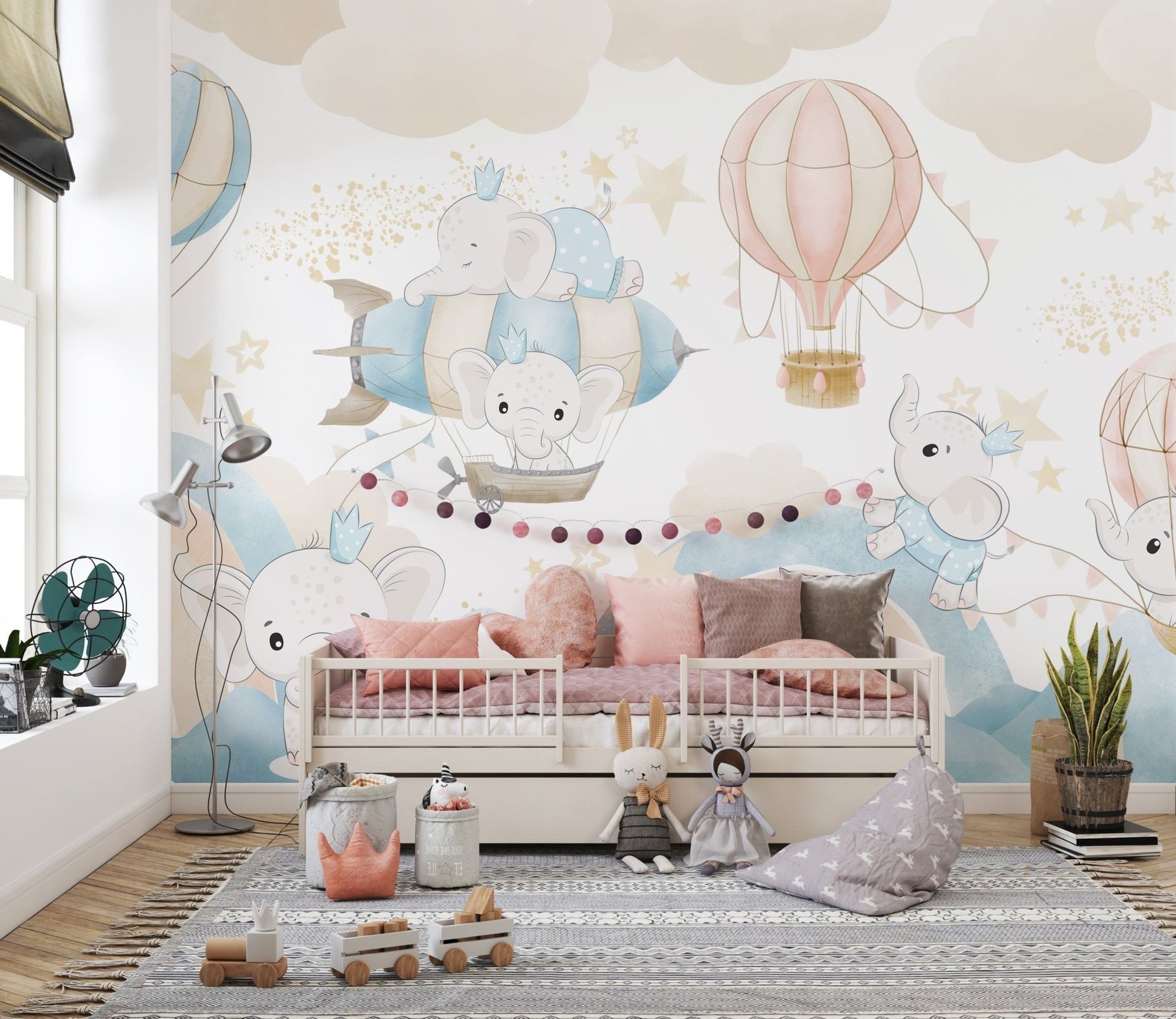 Baby Elephant Sky Adventure Mural for kids' rooms, B833