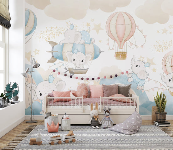 Baby Elephant Sky Adventure Mural for kids' rooms, B833
