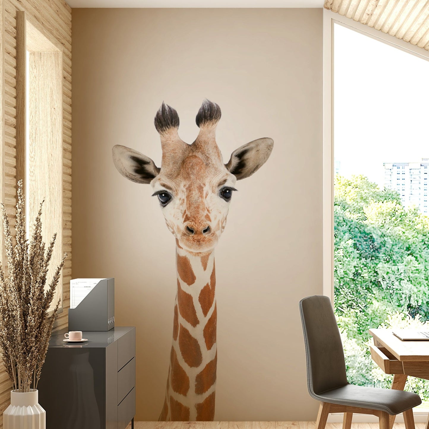 Close-up of baby giraffe face mural
