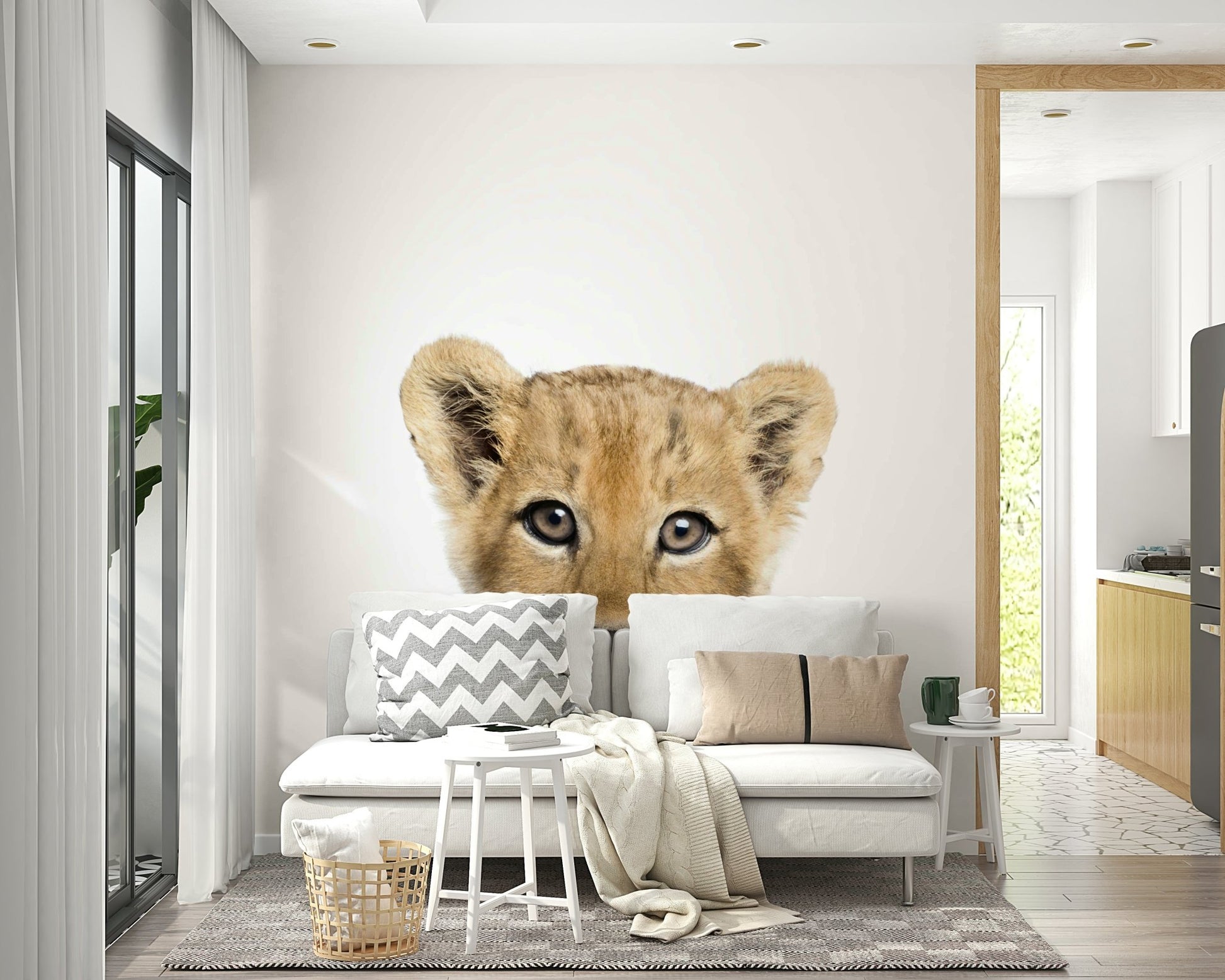 Playful baby lion mural wallpaper for walls

