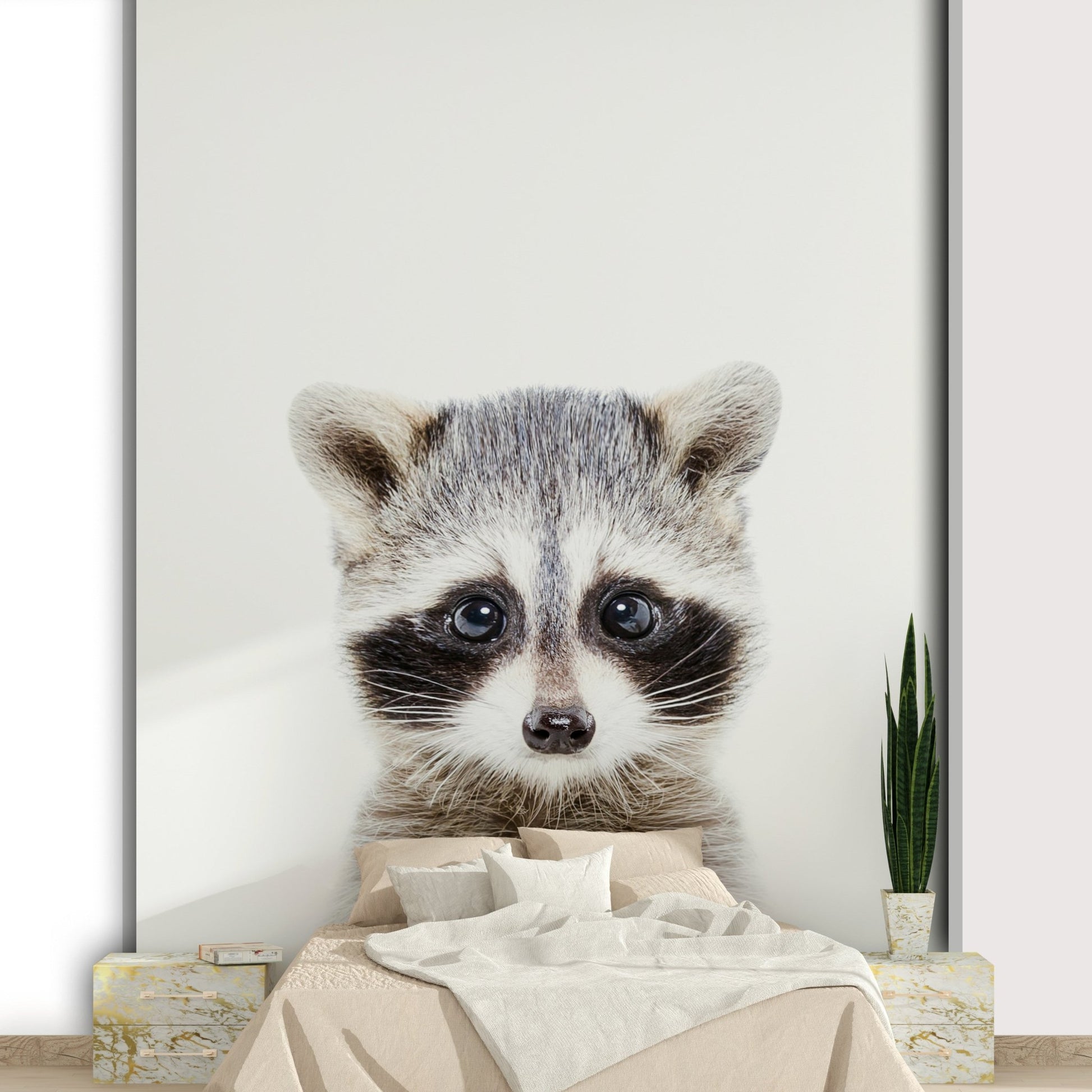 Peel and stick baby raccoon mural in child’s bedroom

