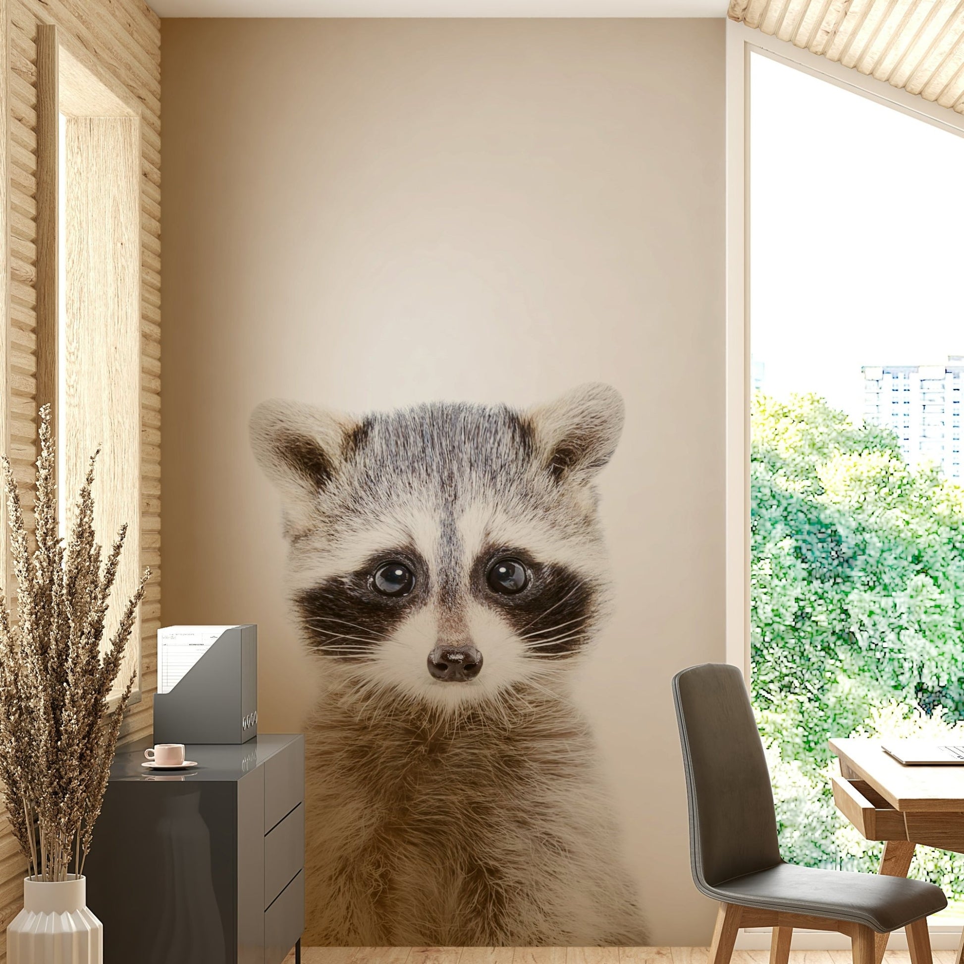 Adorable raccoon illustration mural for kids’ room

